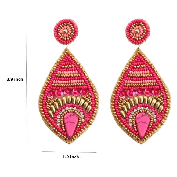 Pink & Gold Seed Bead Earrings. Big & Bold. 3.9" x 1.9" - Picture 3 of 5